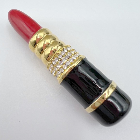 Kenneth Jay Lane Jewelry - Kenneth Jay Lane KJL Lipstick Brooch Red Black Enamel Rhinestone Gold Tone Pin